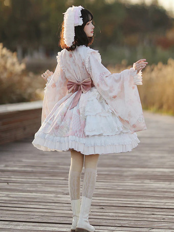 ロリータOPドレス 和風 長袖 フローラルプリントピンクボウ スウィート ロリータワンピース ピンク