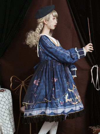 ロリータOPドレスポリエステル長袖ボウコンレースフリルスウィートロリータワンピースドレス ブルー