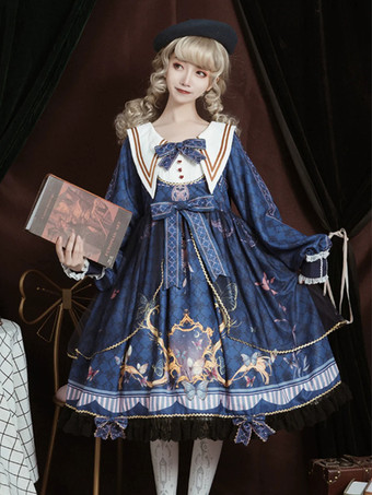 Akademische Lolita OP Kleid Seemann Stil Blau Polyester Langarm Bowkonts Spitze Rüschen Süße Lolita Einteilige Kleider
