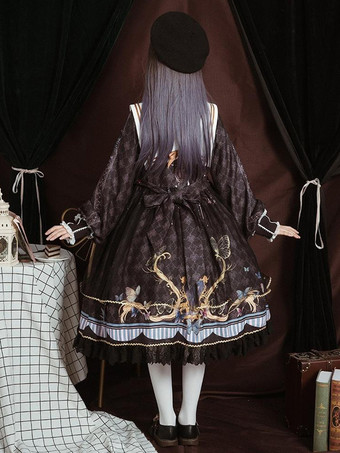 ロリータOPドレスポリエステル長袖ボウコンレースフリルスウィートロリータワンピースドレス ブルー