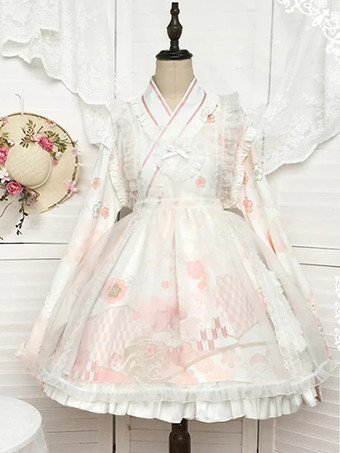 ロリータOPドレス 和風 長袖 フローラルプリントピンクボウ スウィート ロリータワンピース ピンク