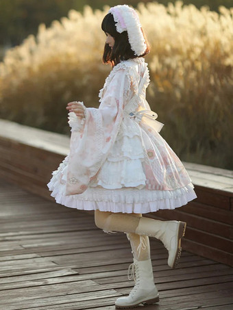 ロリータOPドレス 和風 長袖 フローラルプリントピンクボウ スウィート ロリータワンピース ピンク