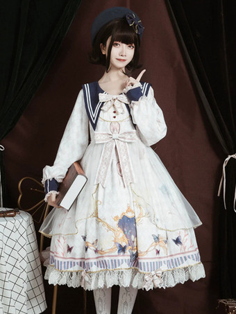 ホワイト ロリータOPドレスポリエステル長袖ボウコンレースフリルスウィートロリータワンピースドレス ブルー
