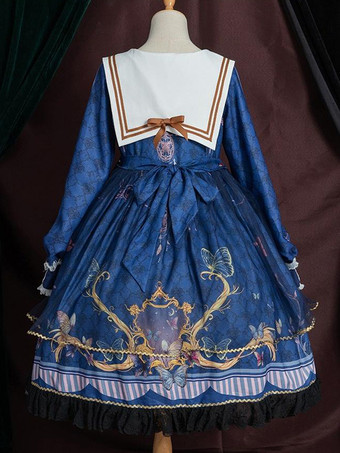 ロリータOPドレスポリエステル長袖ボウコンレースフリルスウィートロリータワンピースドレス ブルー