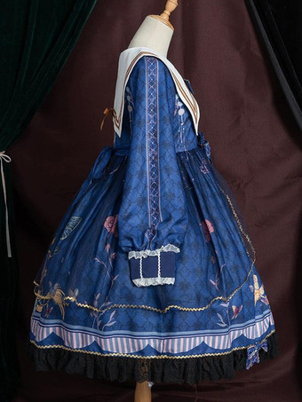 ロリータOPドレスポリエステル長袖ボウコンレースフリルスウィートロリータワンピースドレス ブルー