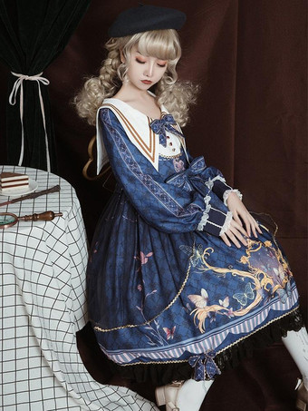 ロリータOPドレスポリエステル長袖ボウコンレースフリルスウィートロリータワンピースドレス ブルー