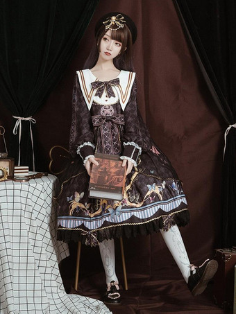 ロリータOPドレスポリエステル長袖ボウコンレースフリルスウィートロリータワンピースドレス ブルー