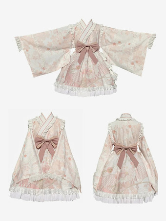 ロリータOPドレス 和風 長袖 フローラルプリントピンクボウ スウィート ロリータワンピース ピンク