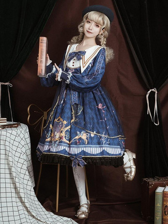 ロリータOPドレスポリエステル長袖ボウコンレースフリルスウィートロリータワンピースドレス ブルー