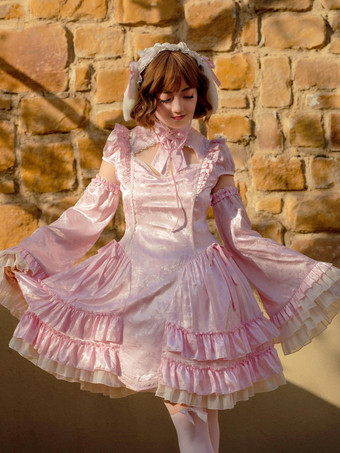 Lolitashow Abito Qi Lolita in stile  Qi con fiocchi senza maniche jacquard dolce jacquard rosa stile Lolita  Qi