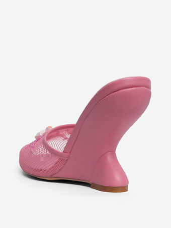 レディース ウェッジサンダル メッシュ ラウンドトゥ フラワー バックレス ウェッジミュール