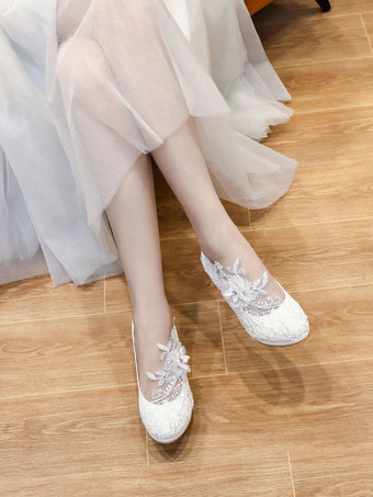 ホワイトウェディングシューズPUレザーラウンドトゥパールスリッポンスティレットヒールブライダルヒール