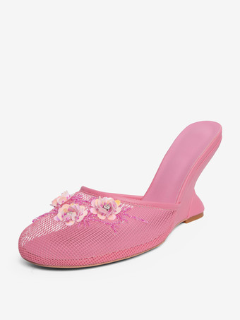 レディース ウェッジサンダル メッシュ ラウンドトゥ フラワー バックレス ウェッジミュール