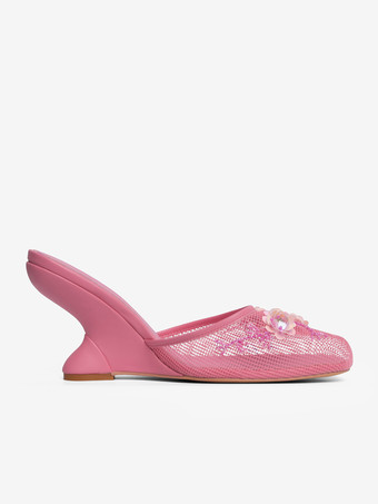 レディース ウェッジサンダル メッシュ ラウンドトゥ フラワー バックレス ウェッジミュール