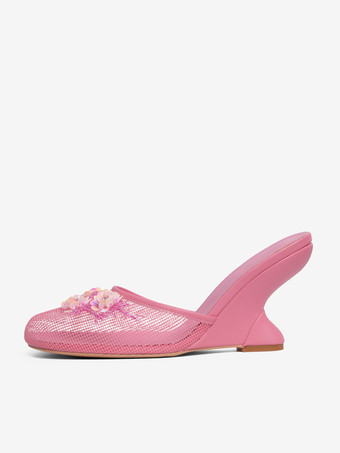 レディース ウェッジサンダル メッシュ ラウンドトゥ フラワー バックレス ウェッジミュール