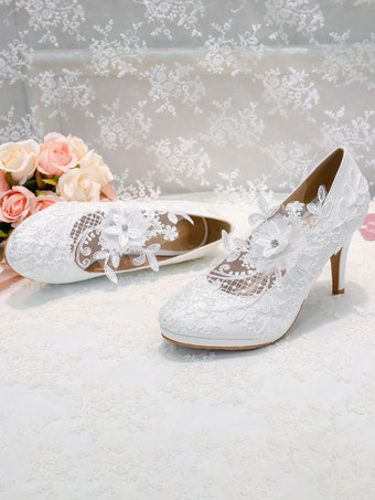 ホワイトウェディングシューズPUレザーラウンドトゥパールスリッポンスティレットヒールブライダルヒール