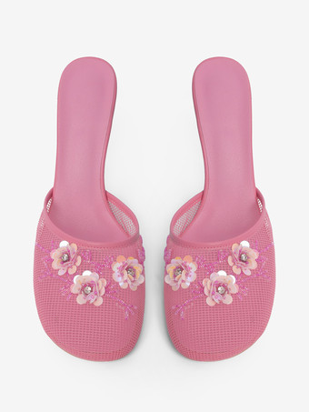 レディース ウェッジサンダル メッシュ ラウンドトゥ フラワー バックレス ウェッジミュール