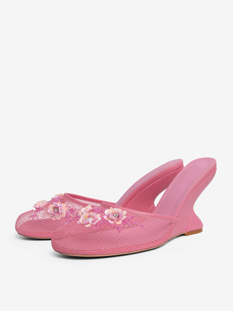 レディース ウェッジサンダル メッシュ ラウンドトゥ フラワー バックレス ウェッジミュール