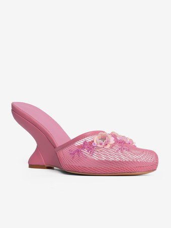 レディース ウェッジサンダル メッシュ ラウンドトゥ フラワー バックレス ウェッジミュール