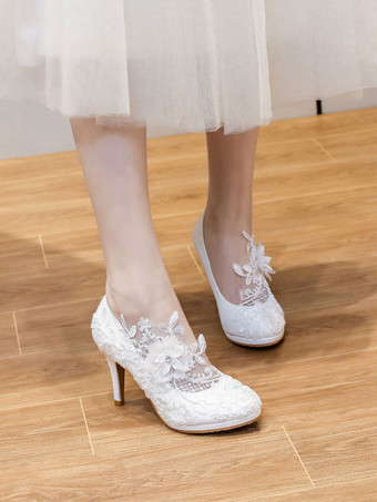 ホワイトウェディングシューズPUレザーラウンドトゥパールスリッポンスティレットヒールブライダルヒール