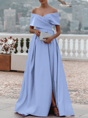 アクアグリーンイブニングドレス Aライン オフショルダー サテン生地 トレーン付き プリーツ フォーマルディナードレス