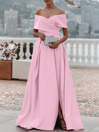 ピンクイブニングドレス Aライン オフショルダー サテン生地 トレーン付き プリーツ フォーマルディナードレス