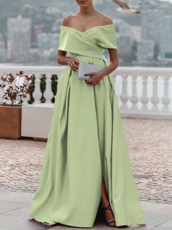 ライトグリーン イブニングドレス Aライン オフショルダー サテン生地 トレーン付き プリーツ フォーマルディナードレス