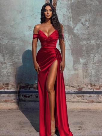 バーガンディーイブニングドレス シース Vネック サテン生地 フロアレングス フォーマルディナードレス