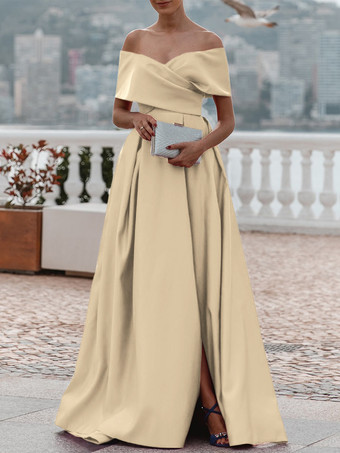 シャンパンイブニングドレス Aライン オフショルダー サテン生地 トレーン付き プリーツ フォーマルディナードレス