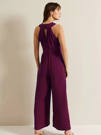 イブニングドレス ジャンプスーツ デザインネックライン 足首丈 ノースリーブ ジッパー プリーツ ストレッチ クレープ フォーマル パーティードレス