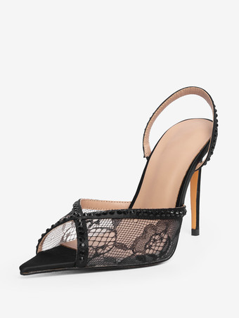 ブラック レース パーティーシューズ ピープトゥ ブラック ラインストーン スリングバック ハイヒール パーティーシューズ