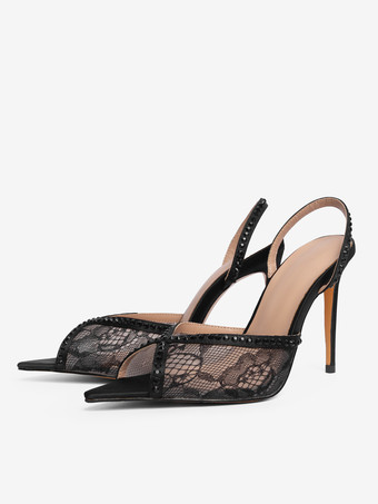 レース パーティーシューズ ピープトゥ ブラック ラインストーン スリングバック ハイヒール パーティーシューズ