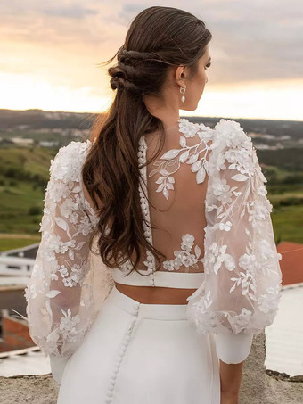 ツーピースウェディングドレス シフォンレース ジュエルネック ツーピース トレーン付きウェディングドレス 機能的なボタン 長袖 ロング 40cm アイボリー