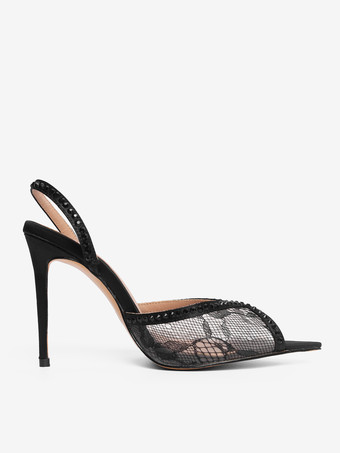 レース パーティーシューズ ピープトゥ ブラック ラインストーン スリングバック ハイヒール パーティーシューズ