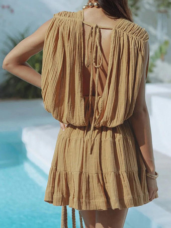 ノースリーブ、ベルト付き、ルーシュラップ、深めのVネック、ミニドレス 2025