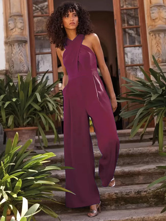 パープル イブニングドレス ジャンプスーツ デザインネックライン 足首丈 ノースリーブ ジッパー プリーツ ストレッチ クレープ フォーマル パーティードレス