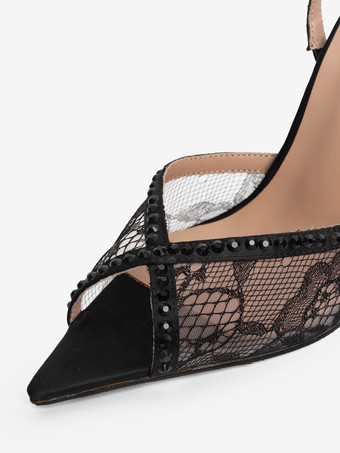 レース パーティーシューズ ピープトゥ ブラック ラインストーン スリングバック ハイヒール パーティーシューズ