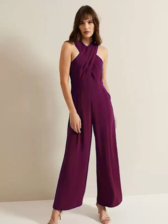 イブニングドレス ジャンプスーツ デザインネックライン 足首丈 ノースリーブ ジッパー プリーツ ストレッチ クレープ フォーマル パーティードレス