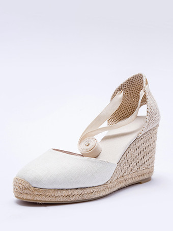 ホワイト ウェディング シューズ スエード ブライダル ポインテッドトゥ レースアップ ウェッジ エスパドリーユ