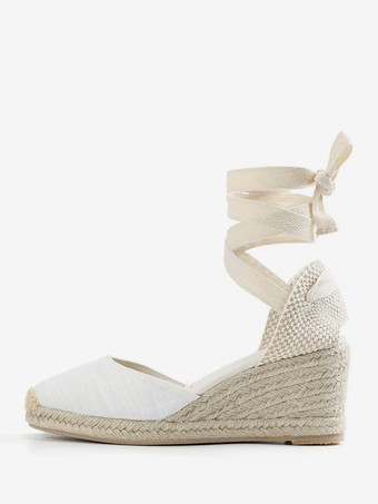 ホワイト ウェディング シューズ スエード ブライダル ポインテッドトゥ レースアップ ウェッジ エスパドリーユ