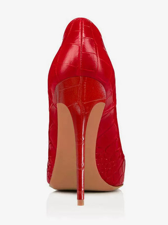 レディース ハイヒール レッド ポインテッドトゥ ストーン柄 スリッポン パンプス