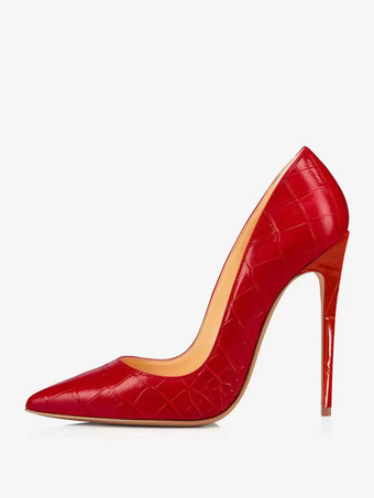 レッド レディース ハイヒール レッド ポインテッドトゥ ストーン柄 スリッポン パンプス