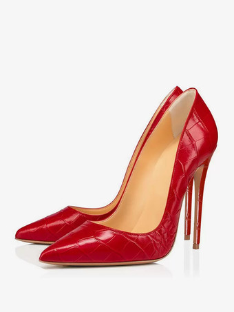 レディース ハイヒール レッド ポインテッドトゥ ストーン柄 スリッポン パンプス