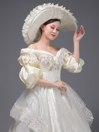 シャンパンレトロ衣装女性のレースフリルポリエステルマリーアントワネット衣装チュニックドレス帽子ヴィンテージ仮面舞踏会夜会服