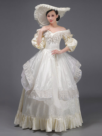 シャンパンレトロ衣装女性のレースフリルポリエステルマリーアントワネット衣装チュニックドレス帽子ヴィンテージ仮面舞踏会夜会服