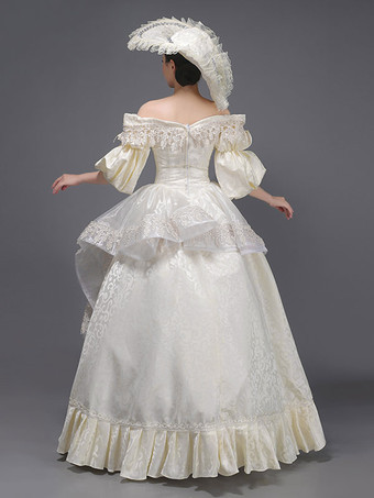 シャンパンレトロ衣装女性のレースフリルポリエステルマリーアントワネット衣装チュニックドレス帽子ヴィンテージ仮面舞踏会夜会服