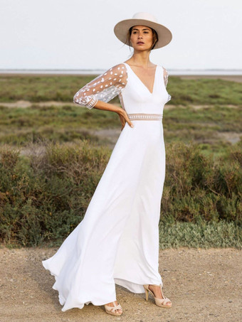 ホワイトシンプルなウェディングドレス ボールガウン Vネック 7分袖 レース ブライダルガウン