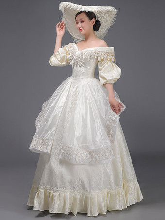 シャンパンレトロ衣装女性のレースフリルポリエステルマリーアントワネット衣装チュニックドレス帽子ヴィンテージ仮面舞踏会夜会服