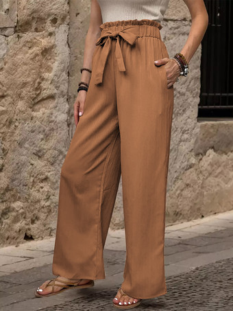 ブラウン ワイドレッグパンツ 伸縮性ウエスト レースアップ カジュアル サマーパンツ