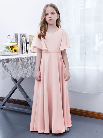 Pale RoseRobe Fille Fleur Mousseline Volants Col V Manches Courtes Rose Lotus